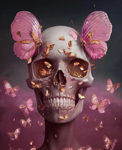 Una calavera con mariposas con un fondo rosa y un fondo rosa.