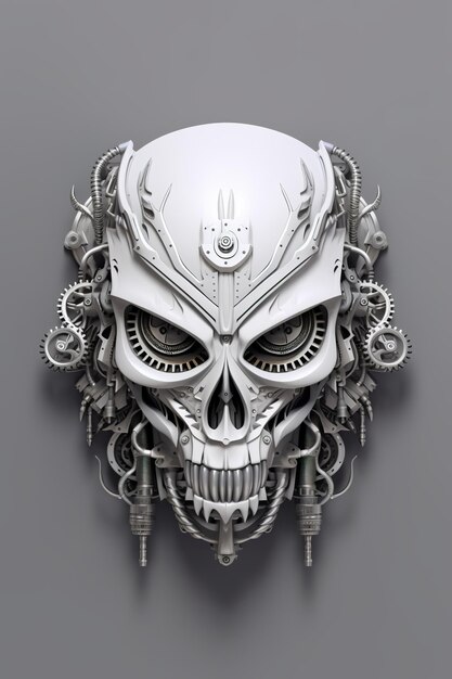 Una calavera de metal con engranajes en una imagen de ai generativa de fondo gris