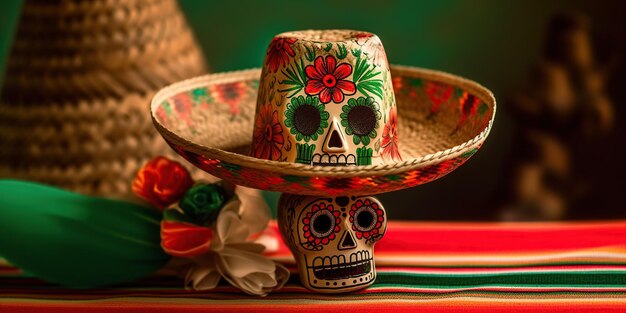 Calavera Mexicana Decorada con sombrero para estandarte de Día de Muertos IA Generativa