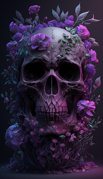 Calavera morada con flores en la espalda