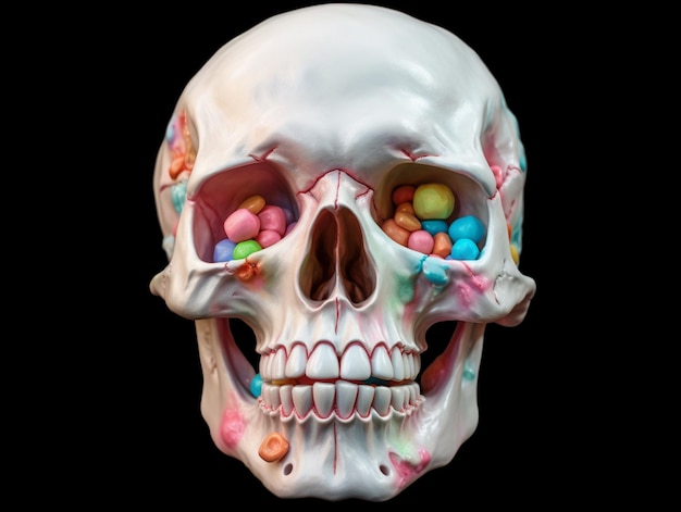 Una calavera con muchos dulces dentro.