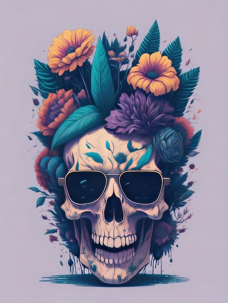 Calavera muerta con gafas de sol y flores.