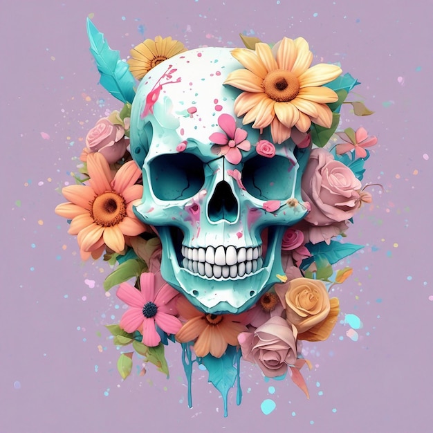 una calavera muerta con gafas de sol modernas, diseño de camiseta, diseño de camiseta con salpicaduras de flores