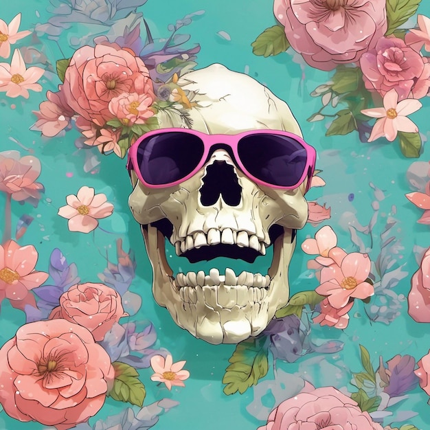 una calavera muerta con gafas de sol modernas, diseño de camiseta, diseño de camiseta con salpicaduras de flores