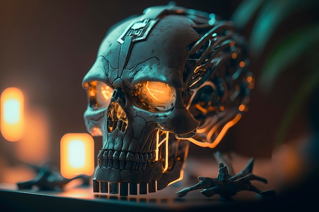 Una calavera con ojos brillantes se sienta en una mesa con velas en el fondo.