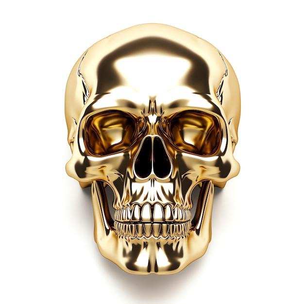 Foto una calavera de oro sobre un fondo blanco