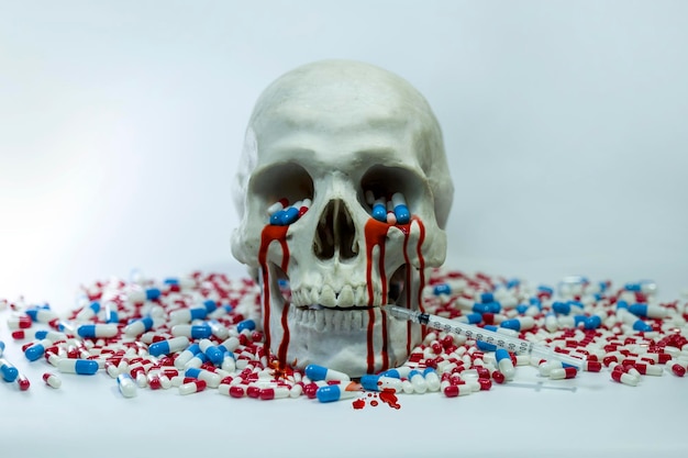 Una calavera con pastillas rojas, blancas y azules está rodeada por una jeringa.