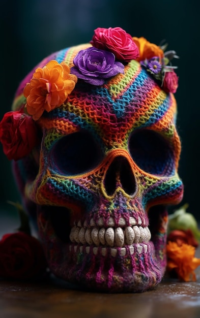 Calavera con un patrón de arco iris y flores.