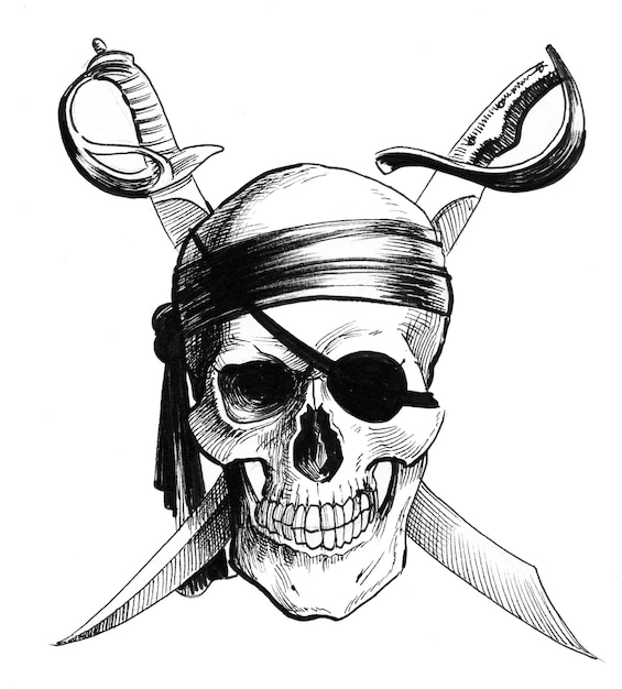 Calavera pirata y espadas cruzadas. Dibujo a tinta en blanco y negro