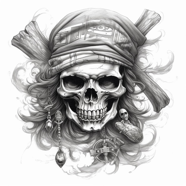 calavera pirata con pañuelo y parche en el ojo diseño de tatuaje ai generativo