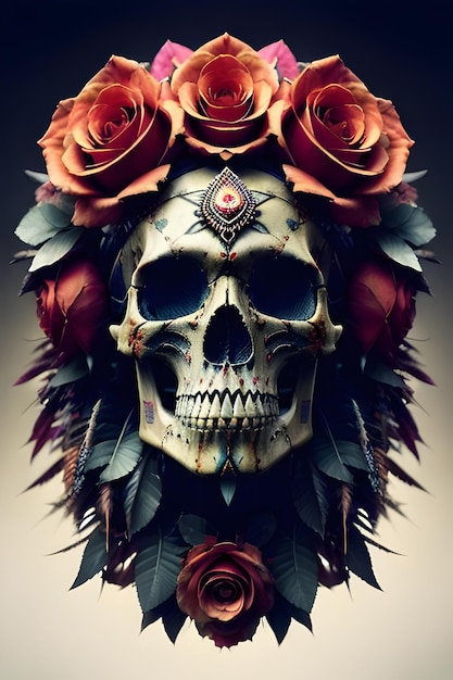 Una calavera con una pluma y flores.