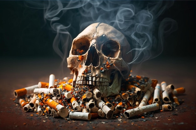 Una calavera rodeada de cigarrillos y humo con la palabra fumar.
