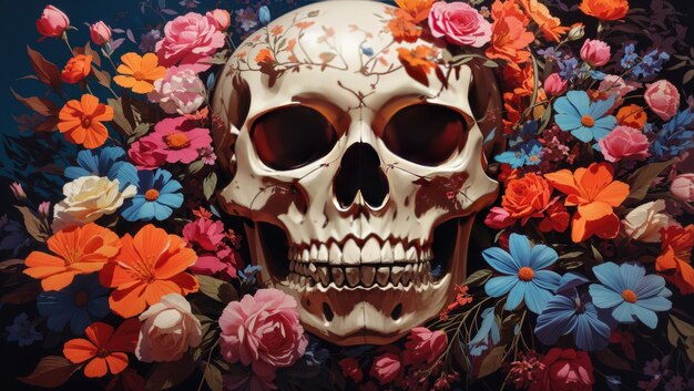 Calavera rodeada de flores