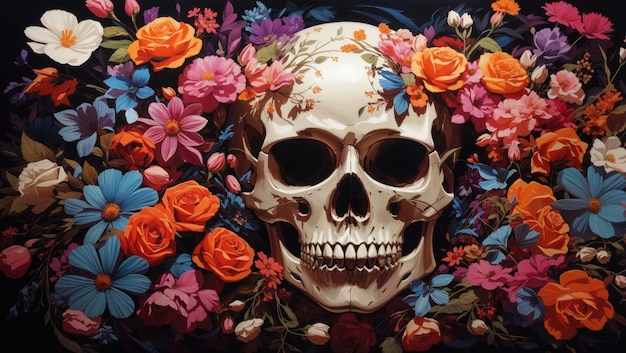 Calavera rodeada de flores