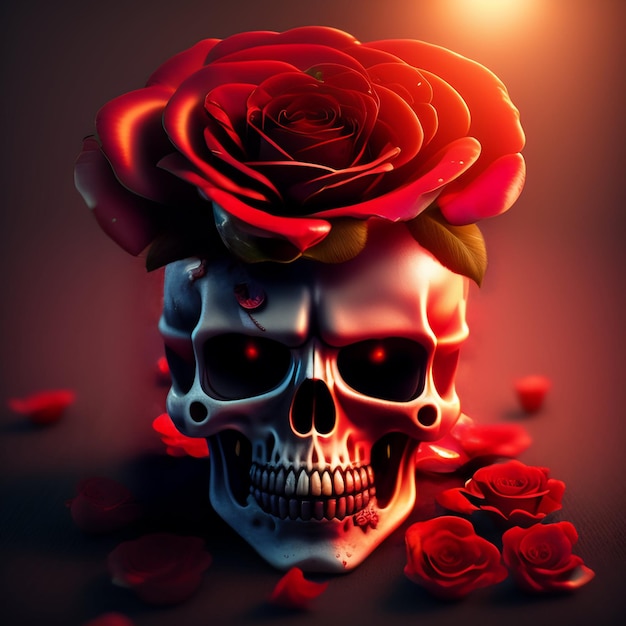 Una calavera con una rosa roja