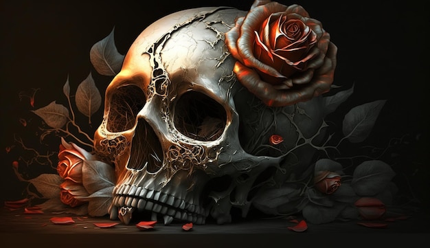 Calavera con rosas Calavera humana en hermosas flores Imágenes de Halloween Día de Muertos Generativo ai