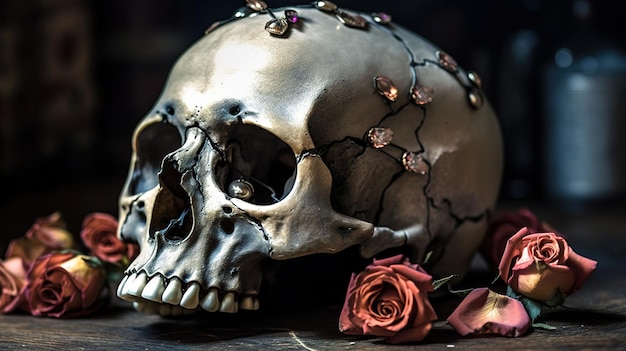 Calavera con rosas Calavera humana en hermosas flores Imágenes de Halloween Día de Muertos Generativo ai