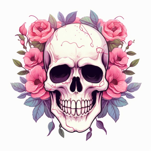 Calavera con rosas y hojas Ilustración vectorial dibujada a mano Arte del tatuaje