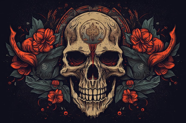 Una calavera con rosas y hojas.