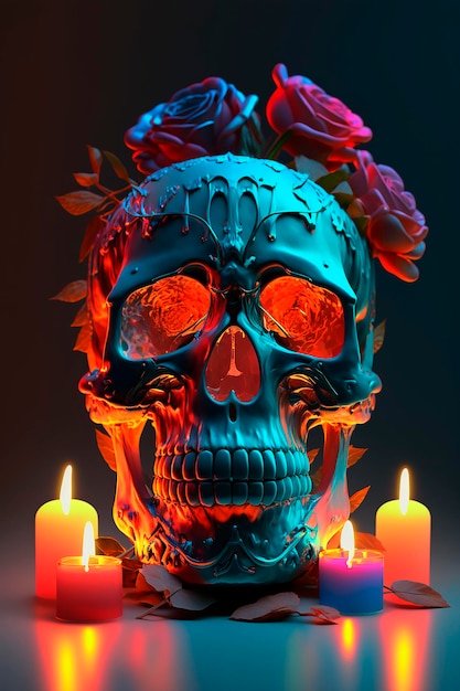 Calavera con rosas rojas y un fondo azul.