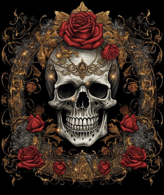 Una calavera con rosas rojas y rosas doradas.