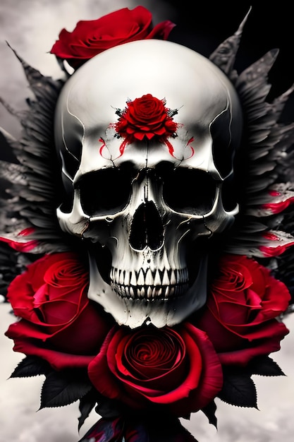 Una calavera con rosas rojas