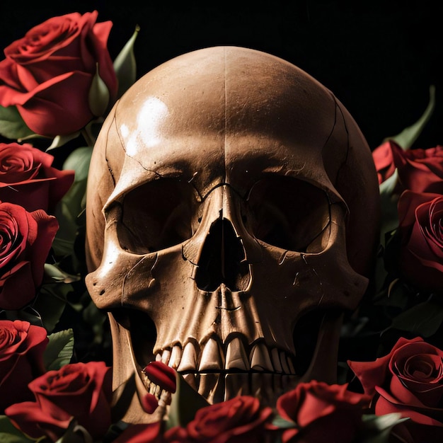 La calavera y las rosas sobre fondo negro.