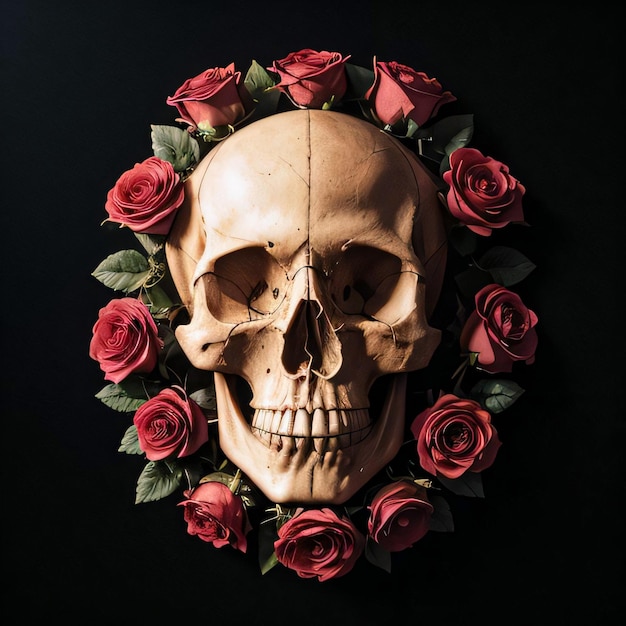 La calavera y las rosas sobre fondo negro.