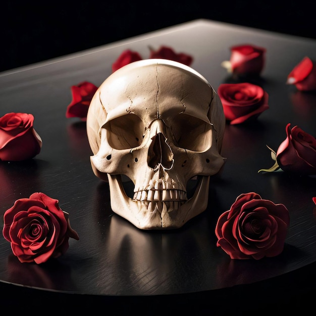 La calavera y las rosas sobre fondo negro.