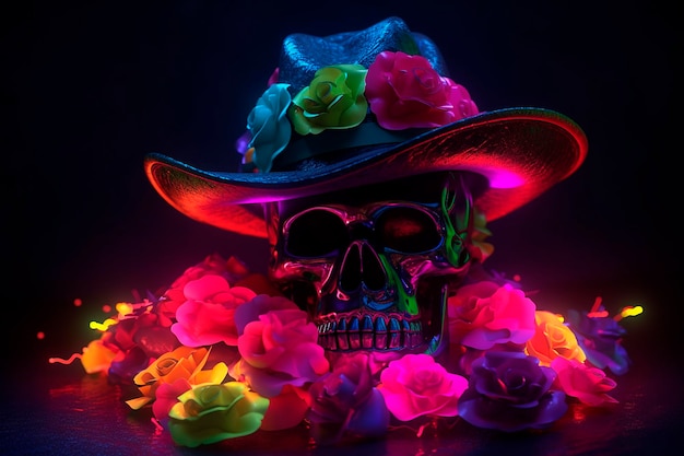 Una calavera con rosas y un sombrero está rodeada de flores.