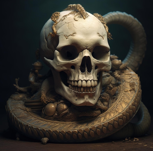 Una calavera con una serpiente en ella