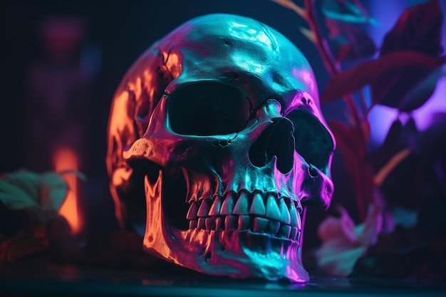 Una calavera se sienta en una mesa frente a un fondo rojo y morado.