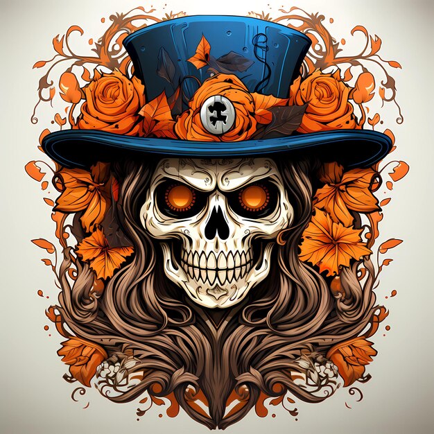 Calavera con sombrero de copa con flores naranjas IA generativa