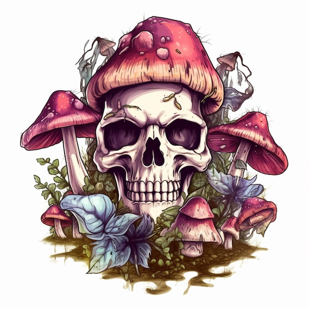 Una calavera con un sombrero de hongo y flores en él ai generativo