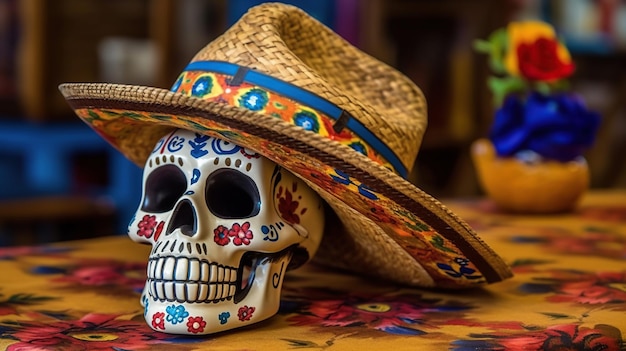 Calavera con sombrero mexicano Celebración tradicional de México Generativo ai
