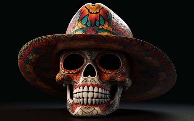 Una calavera con un sombrero mexicano y un sombrero mexicano.