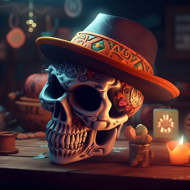 Una calavera con un sombrero que dice día de muertos.