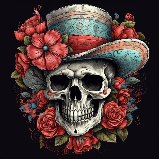 Una calavera con sombrero y rosas.