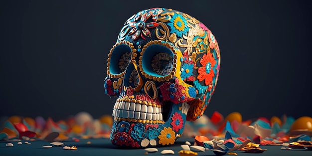 Calavera Sugar Skull im traditionellen Stil zum Dia de Los Muertos Tag der Toten Blumen und Skelett AIGenerated