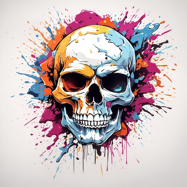 Foto una calavera con toques de colores sobre fondo blanco para el diseño de camisetas