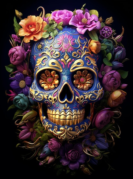 calavera tradicional calavera de azúcar decorada con flores el día de los muertos ilustración 3d