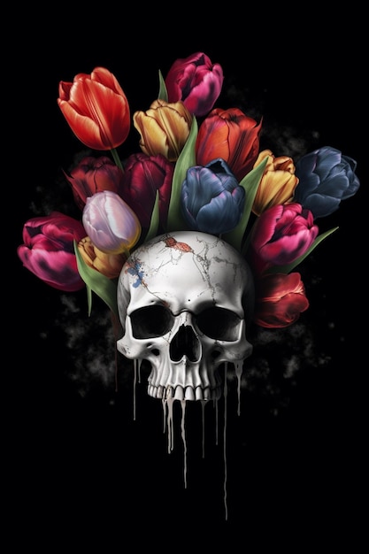 Una calavera con tulipanes y una calavera con la palabra tulipanes.