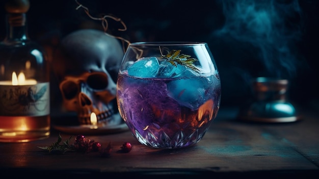 Una calavera y un vaso de alcohol con una calavera al fondo.