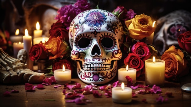 Foto calavera weißes skelett zucker schädel tag der toten beleidigen kerzen blumen blütenblätter hallowee