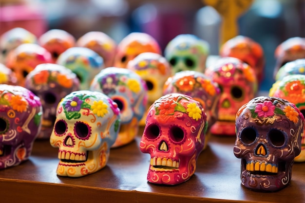 Calaveras de azúcar de caramelo de colores con flores generativas ai Ilustración de alta calidad