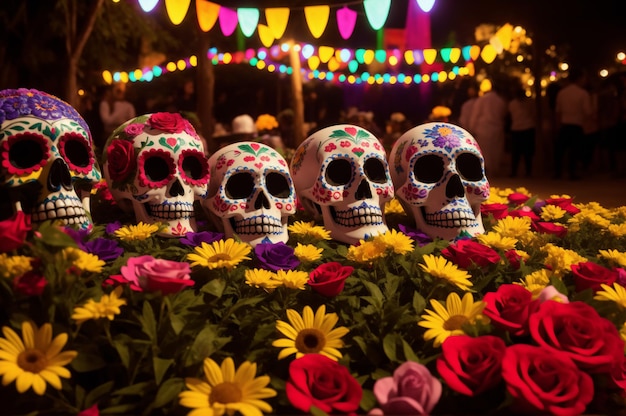 Calaveras de azúcar mexicanas entre flores en flor Calavera como símbolo del Día de los Muertos Cabezas de esqueleto