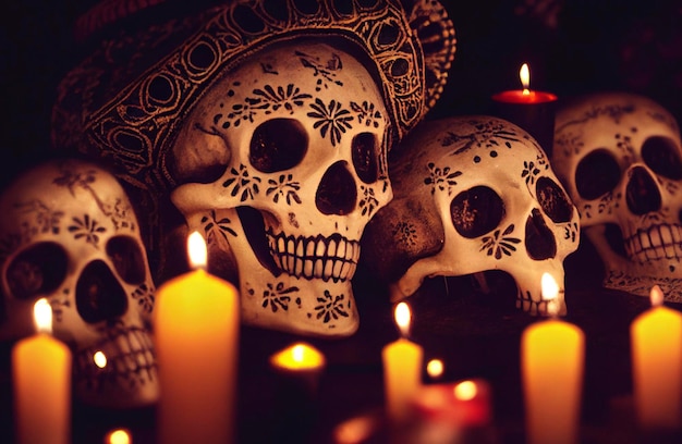 calaveras decoradas con sombrero y velas