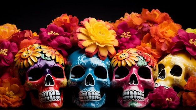 Las calaveras y las flores estandarte de fondo de Halloween