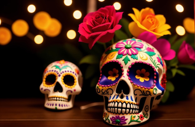 Calaveras y flores vívidas para el Dia de los Muertos Cabezas de esqueletos mexicanos para el Día de los muertos