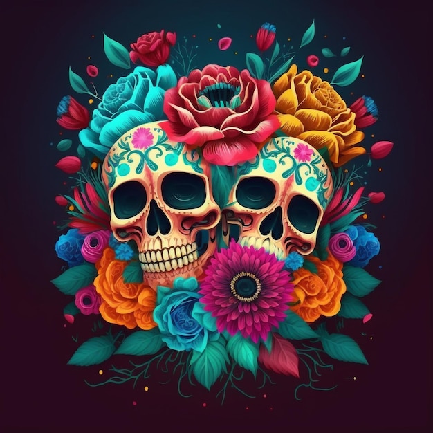 Calaveras pintadas de colores del Cinco de Mayo en un vibrante estilo mexicano con un ramo de flores tradicionales